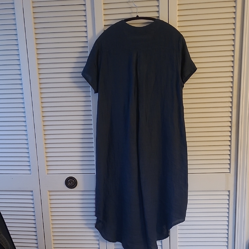 Puro Lino Dark Washed Blue 100% Linen High-Low Hem Dress Size L - Picture 3 of 5
